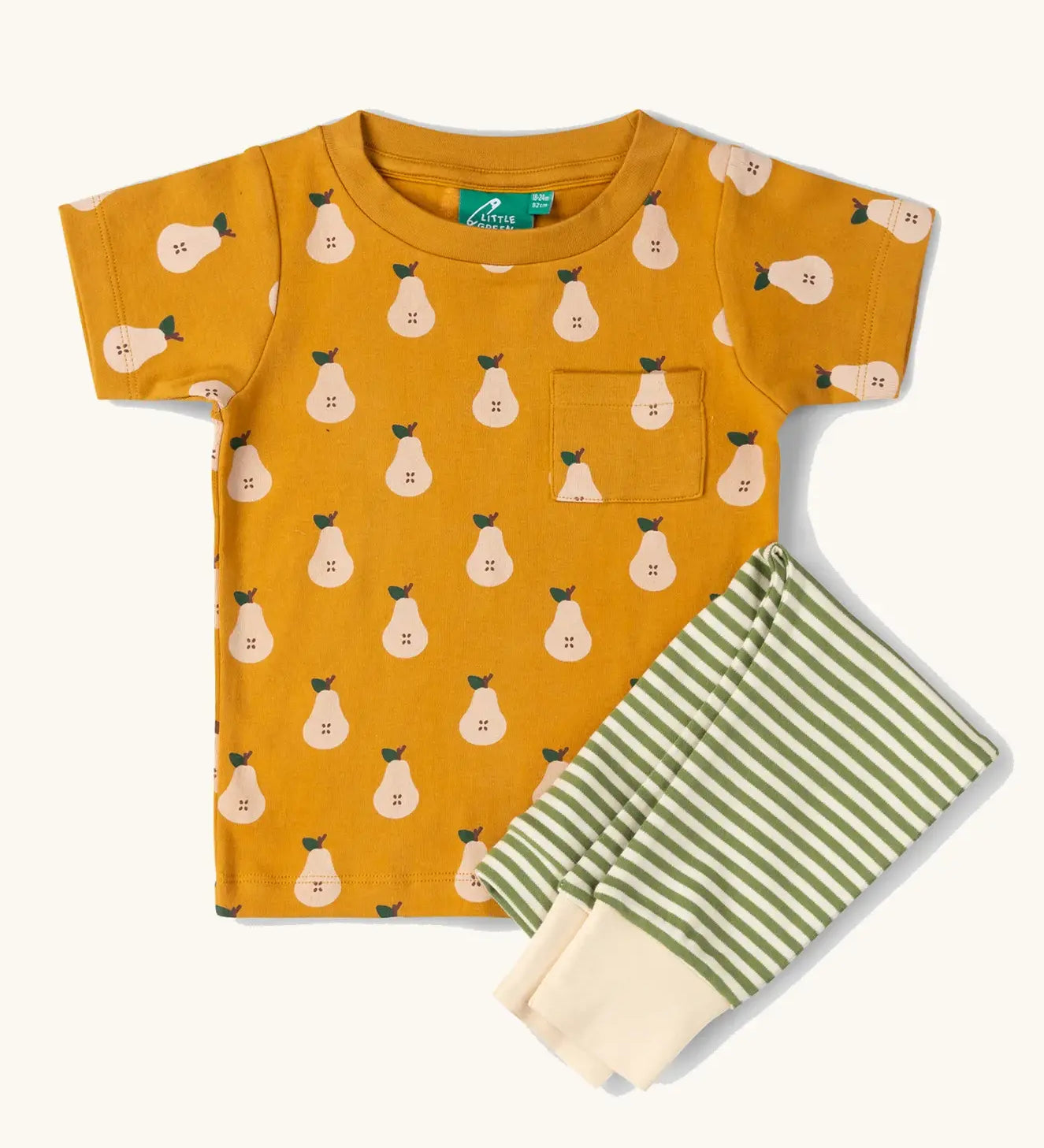 Little Green Radicals Summer pears organic cotton t-shirt and jogger playset. Repeat pattern gold pear t-shirt with green and cream striped trousers.