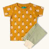 Little Green Radicals Summer pears organic cotton t-shirt and jogger playset. Repeat pattern gold pear t-shirt with green and cream striped trousers.