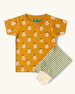 Little Green Radicals Summer pears organic cotton t-shirt and jogger playset. Repeat pattern gold pear t-shirt with green and cream striped trousers.