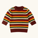 Little Green Radicals knitted snuggly jumper in a  hazel rainbow striped design.