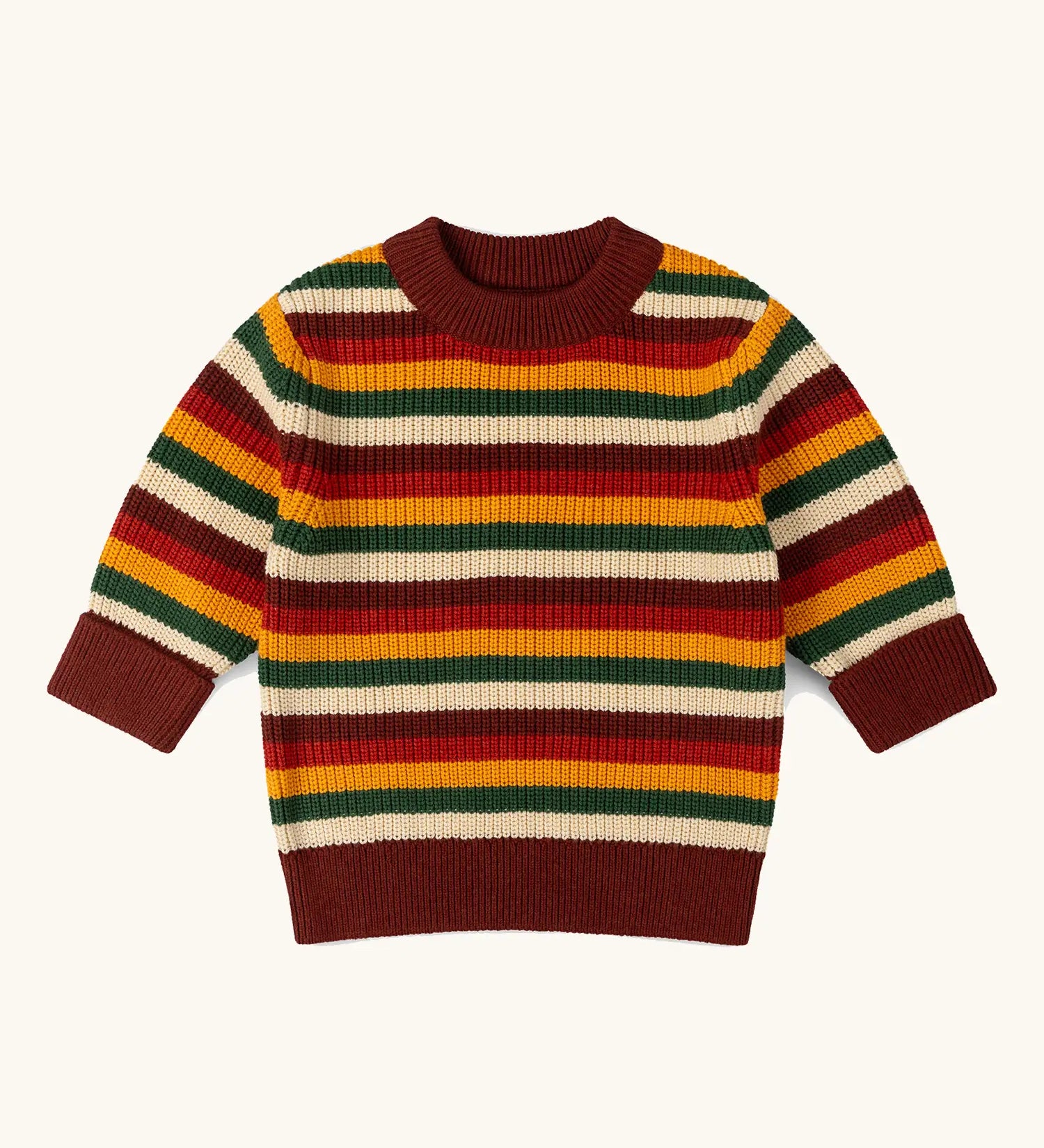 Little Green Radicals knitted snuggly jumper in a  hazel rainbow striped design.