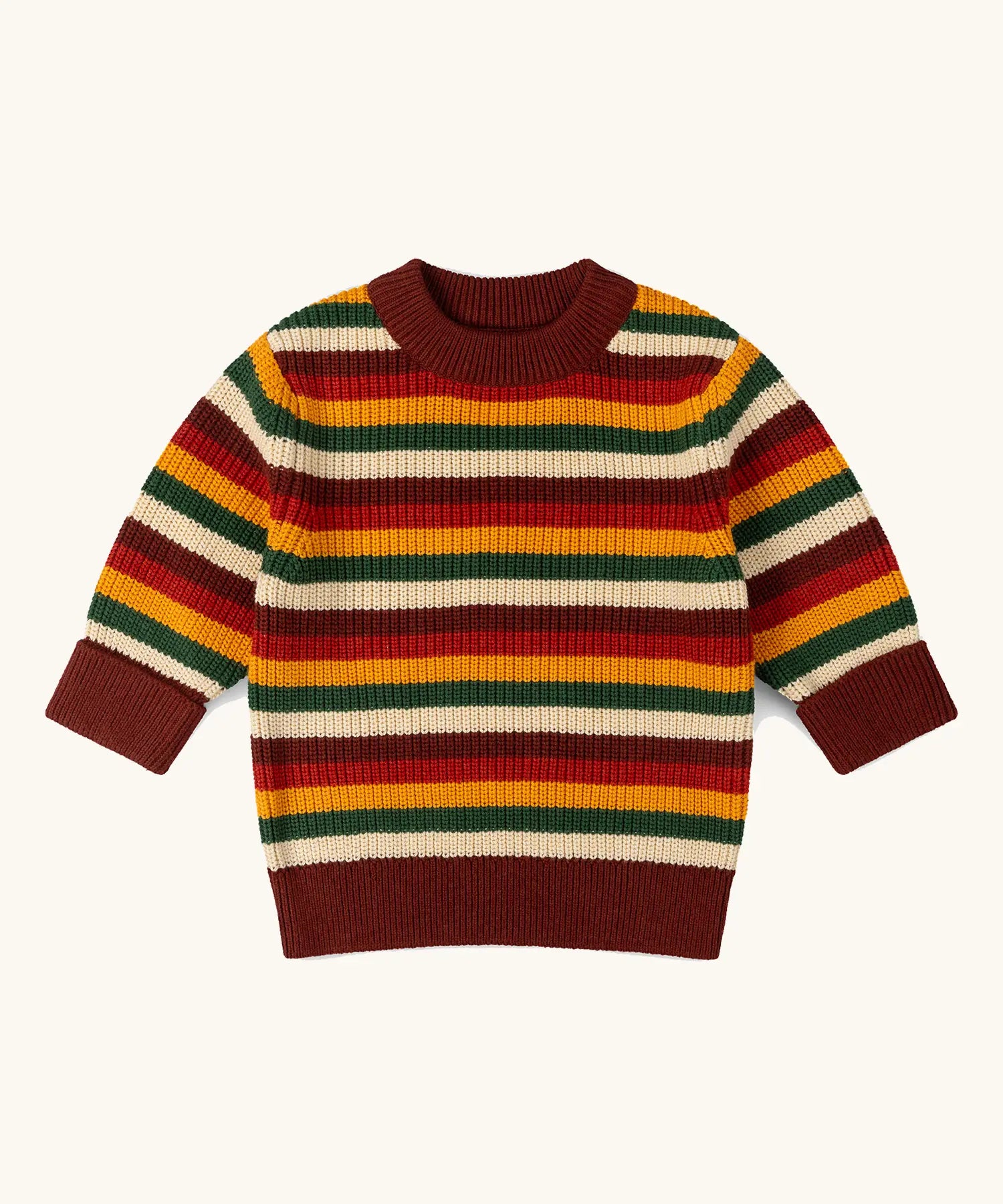 Little Green Radicals knitted snuggly jumper in a  hazel rainbow striped design.
