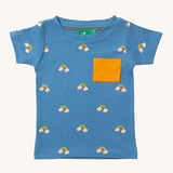 The t-shirt from the Little Green Radicals Kids' Organic T-shirt and Joggers Playset outfit in the  Blue Rainbows design. 