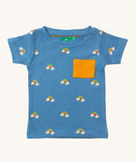 The t-shirt from the Little Green Radicals Kids' Organic T-shirt and Joggers Playset outfit in the  Blue Rainbows design. 