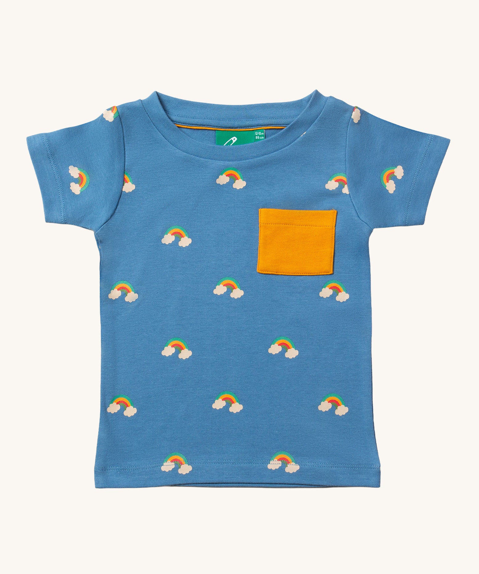 The t-shirt from the Little Green Radicals Kids' Organic T-shirt and Joggers Playset outfit in the  Blue Rainbows design. 