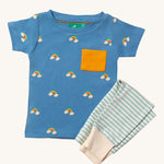 Little Green Radicals Kids' Organic T-shirt and Joggers Playset outfit in the  Blue Rainbows design. The joggers are light blue and white striped, the t-shirt has blue background with little rainbows dotted all over it. 