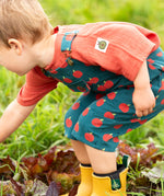 Child wearing the Little Green Radicals kids red apple print blue dungaree shorts with burnt ochre red muslin Henley t-shirt underneath.