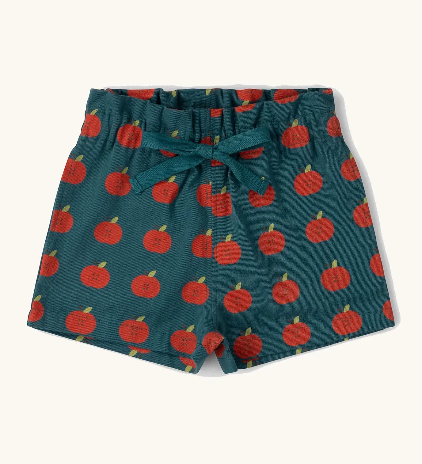 Little Green Radicals blue kids organic cotton shorts with repeat apple print all over. 