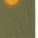 Close up of him on the Little Green Radicals Summer rays sunshine short sleeve green popper organic-cotton t-shirt.