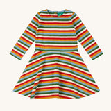 A Little Green Radicals Rainbow Striped Dress. This organic cotton children's dress is perfect for pairing with tights and a cosy knitted cardigan. Check out our extensive range of organic cotton kids clothes here at babipur. 
