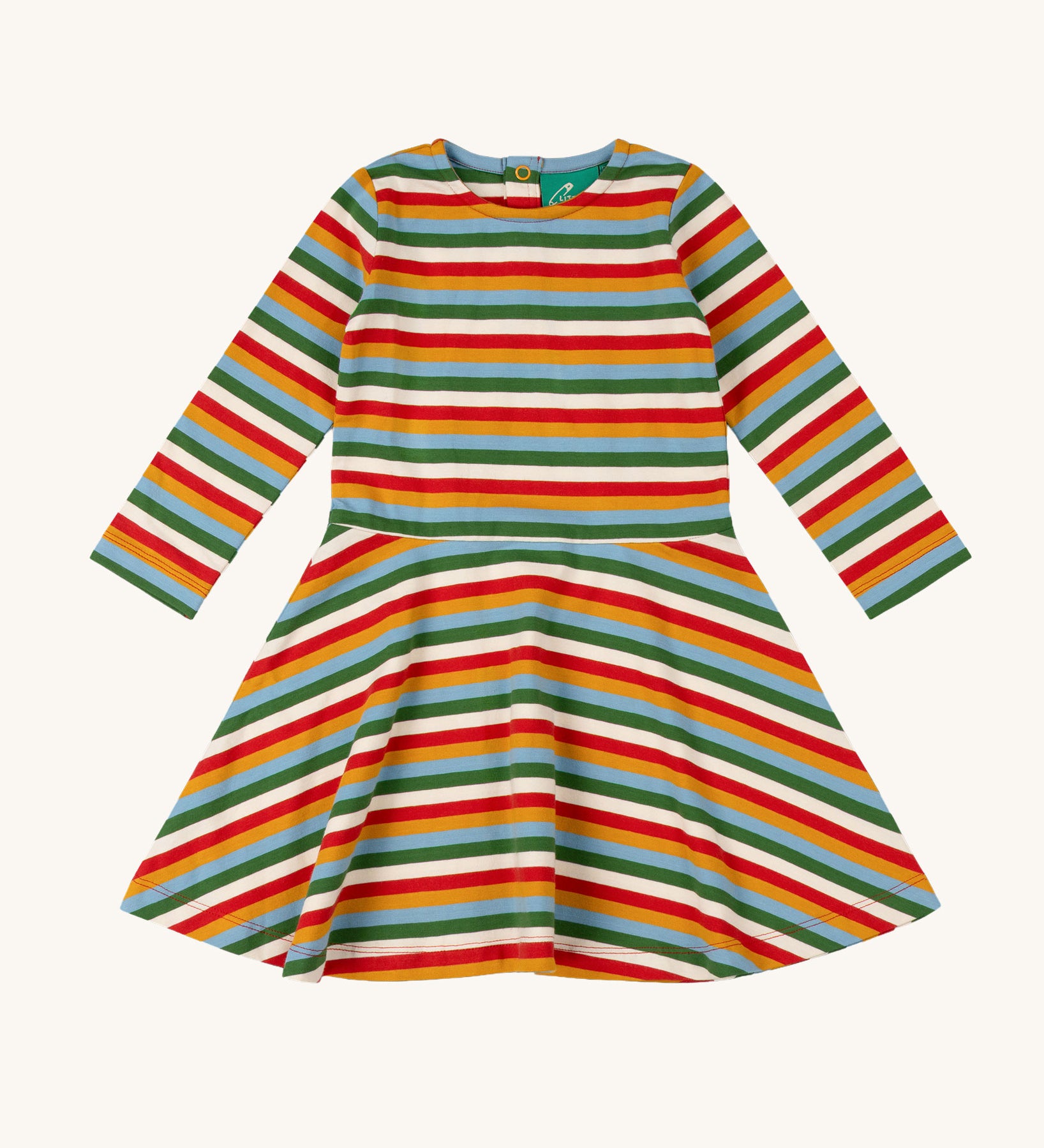 A Little Green Radicals Rainbow Striped Dress. This organic cotton children's dress is perfect for pairing with tights and a cosy knitted cardigan. Check out our extensive range of organic cotton kids clothes here at babipur. 