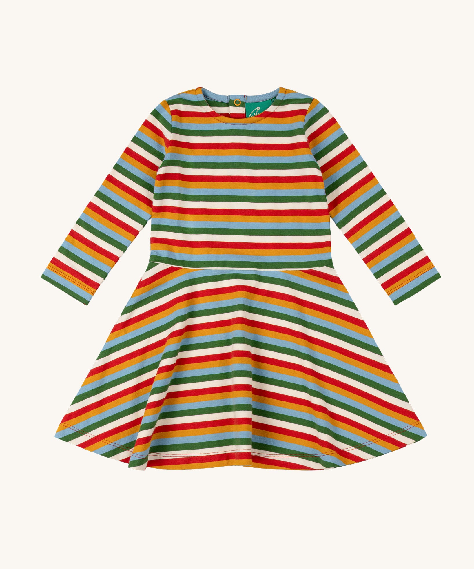 A Little Green Radicals Rainbow Striped Dress. This organic cotton children's dress is perfect for pairing with tights and a cosy knitted cardigan. Check out our extensive range of organic cotton kids clothes here at babipur. 