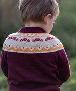 Close up of the mushrooms design on the Little Green Radicals knitted organic cotton jumper with a mushroom Fair Isle design.