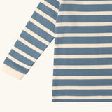 Close up of the Little Green Radicals soft blue stripe organic cotton long sleeve children's top.