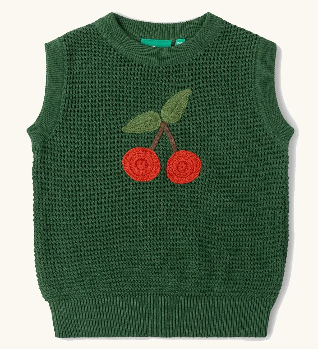 Little Green Radicals kids dark green knitted sleeveless pullover with little cherry on the front.