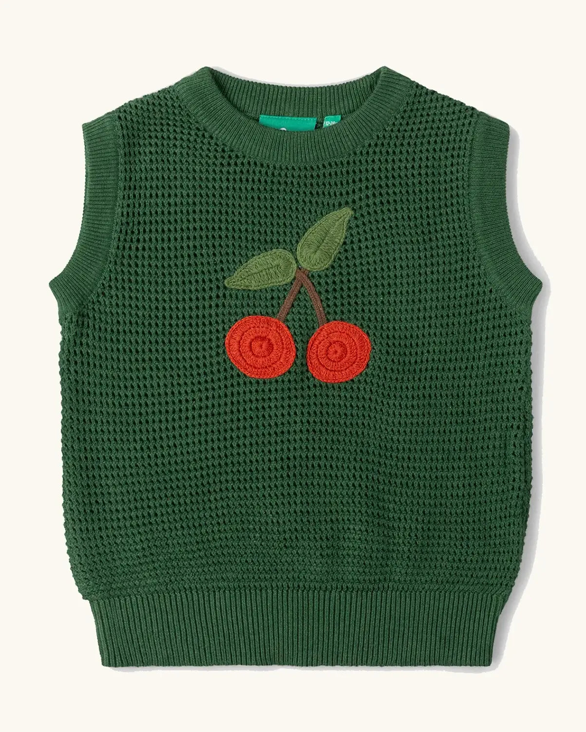 Little Green Radicals kids dark green knitted sleeveless pullover with little cherry on the front.
