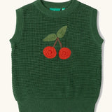 Little Green Radicals kids dark green knitted sleeveless pullover with little cherry on the front.