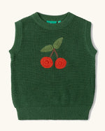 Little Green Radicals kids dark green knitted sleeveless pullover with little cherry on the front.