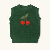 Little Green Radicals kids dark green knitted sleeveless pullover with little cherry on the front.
