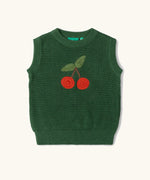 Little Green Radicals kids dark green knitted sleeveless pullover with little cherry on the front.