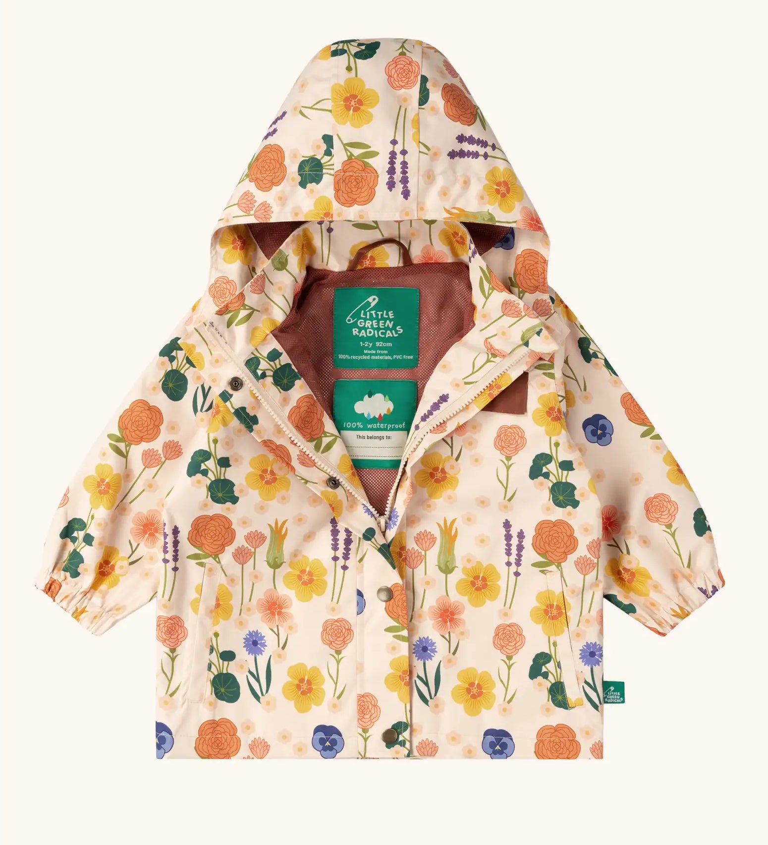 Little Green Radicals flower meadow recycled waterproof kids raincoat. A mix of different flowers on a Light cream background
