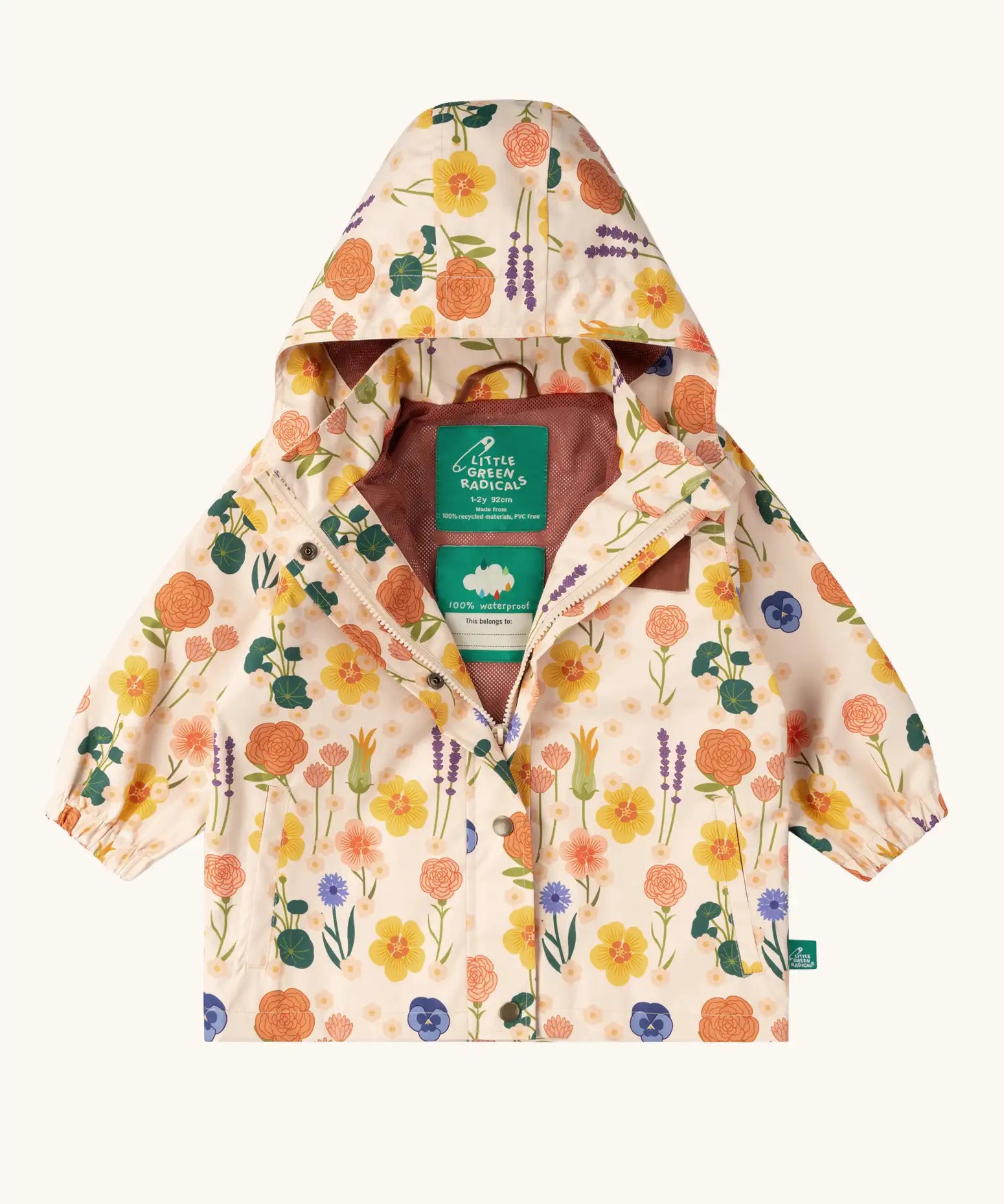 Little Green Radicals flower meadow recycled waterproof kids raincoat. A mix of different flowers on a Light cream background