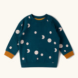 Little Green Radicals midnight moon print blue raglan organic-cotton children's sweatshirt with yellow cuff detail.