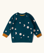 Little Green Radicals midnight moon print blue raglan organic-cotton children's sweatshirt with yellow cuff detail.