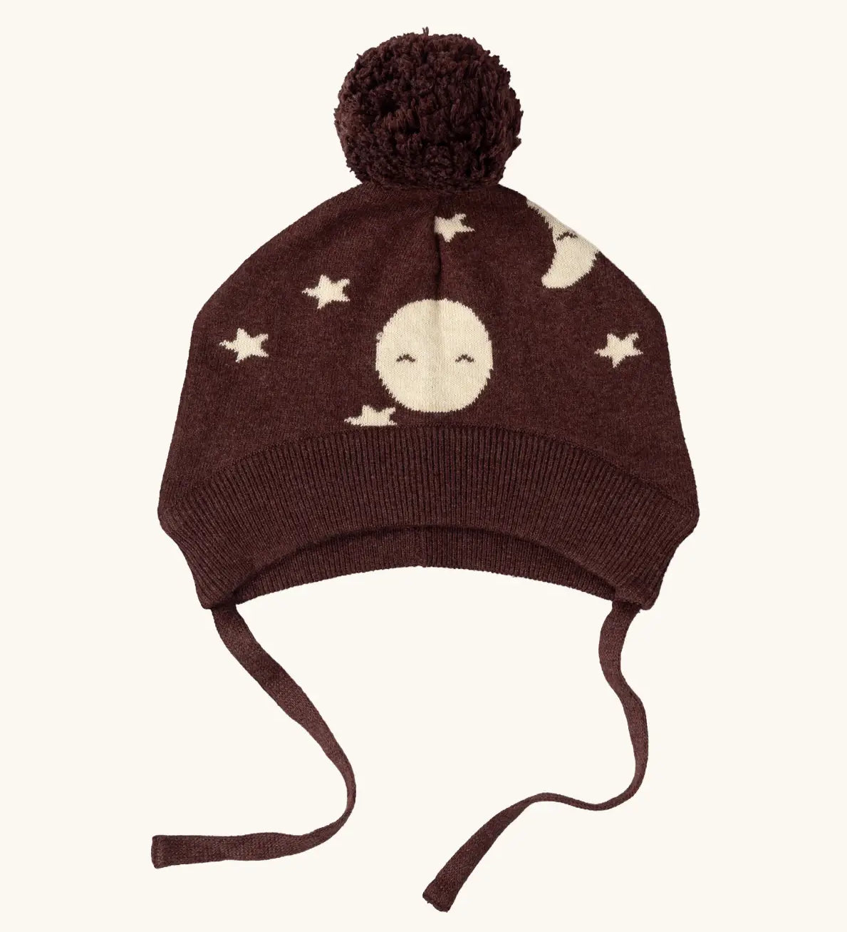 Little Green Radicals brown organic cotton moon knitted bobble hat with chin strap ties.