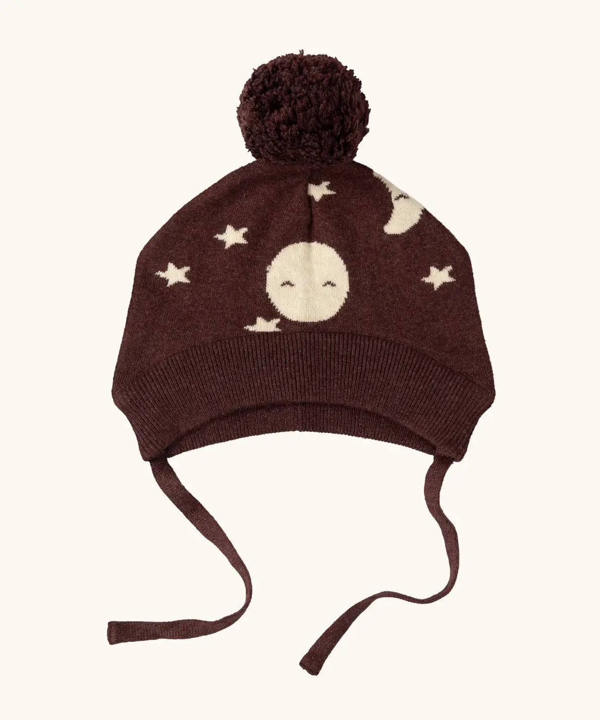 Little Green Radicals brown organic cotton moon knitted bobble hat with chin strap ties.