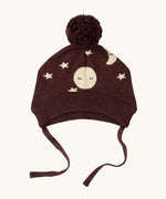 Little Green Radicals brown organic cotton moon knitted bobble hat with chin strap ties.