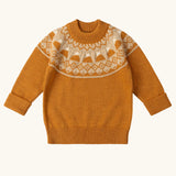 Little Green Radicals gold yellow mountain fair isle snuggly woollen jumper. Yellow gold knit with fair isle mountain details around the neckline.