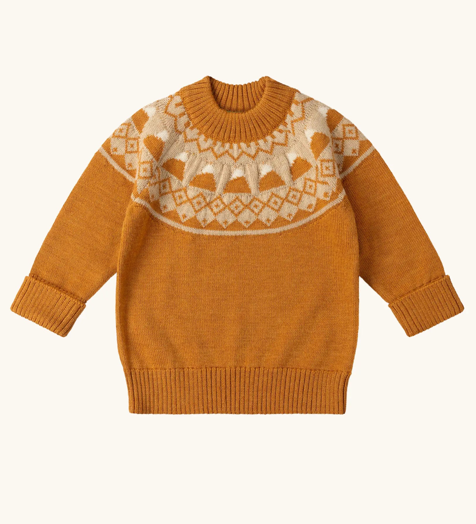 Little Green Radicals gold yellow mountain fair isle snuggly woollen jumper. Yellow gold knit with fair isle mountain details around the neckline.
