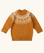 Little Green Radicals gold yellow mountain fair isle snuggly woollen jumper. Yellow gold knit with fair isle mountain details around the neckline.