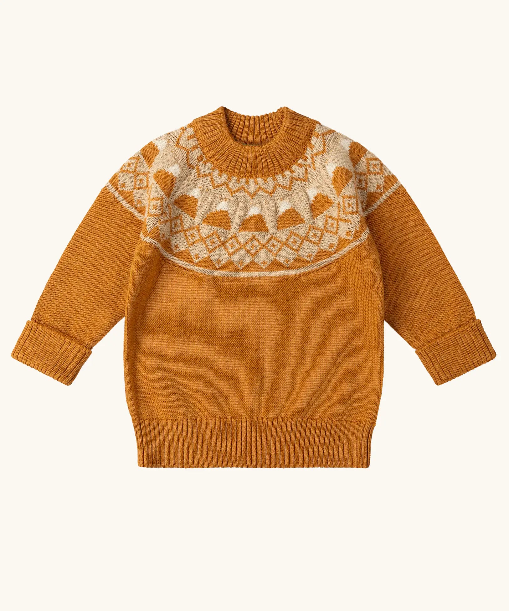 Little Green Radicals gold yellow mountain fair isle snuggly woollen jumper. Yellow gold knit with fair isle mountain details around the neckline.