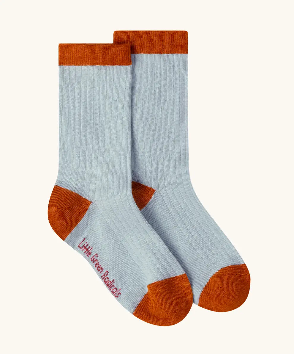 Light blue socks from the Little Green Radicals mushroom organic cotton socks 5 Pack.