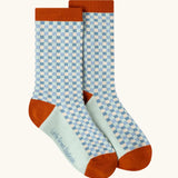 Blue check pair from the Little Green Radicals mushroom organic cotton socks 5 Pack.