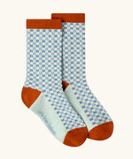 Blue check pair from the Little Green Radicals mushroom organic cotton socks 5 Pack.