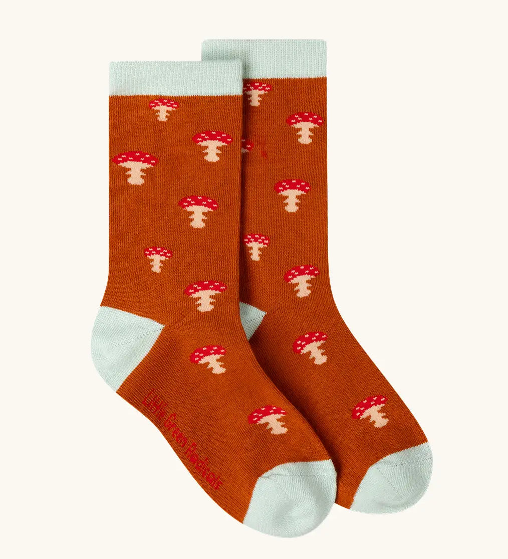 Mushroom pattern pair from the Little Green Radicals mushroom organic cotton socks 5 Pack.