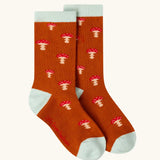 Mushroom pattern pair from the Little Green Radicals mushroom organic cotton socks 5 Pack.