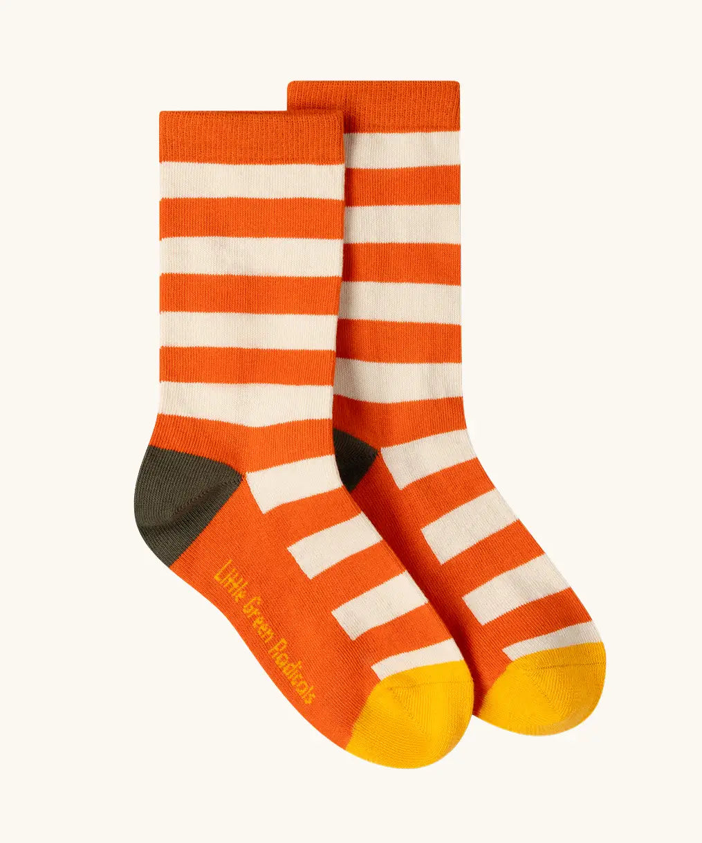 Orange striped socks from the Little Green Radicals mushroom organic cotton socks 5 Pack.