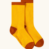 Yellow socks from the Little Green Radicals mushroom organic cotton socks 5 Pack.