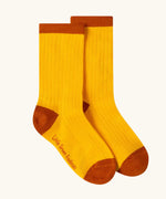 Yellow socks from the Little Green Radicals mushroom organic cotton socks 5 Pack.