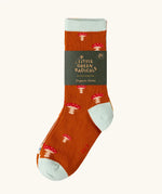 Little Green Radicals mushroom organic cotton socks 5 Pack in the card band packaging.