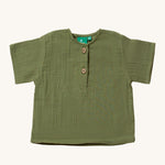 Little Green Radicals Muslin Loose Fit Short Sleeve Henley Top in a  Chive Green colour way.