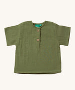 Little Green Radicals Muslin Loose Fit Short Sleeve Henley Top in a  Chive Green colour way.