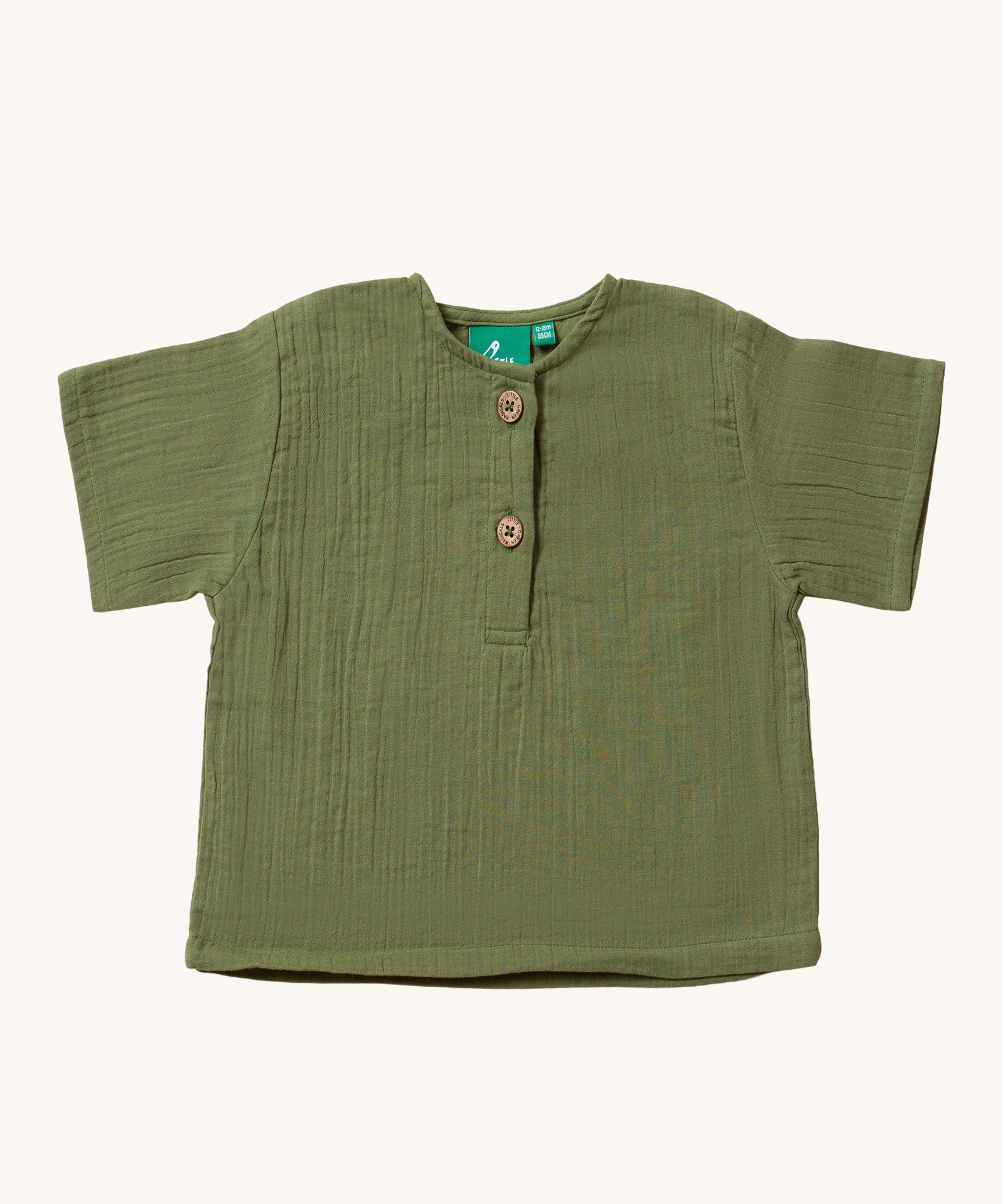 Little Green Radicals Muslin Loose Fit Short Sleeve Henley Top in a  Chive Green colour way.