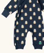 Close up of the Little Green Radicals navy blue penguins hooded reversible snug suit showing the zip opening down the leg.