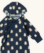 Close up of the  Little Green Radicals navy blue penguins hooded reversible snug suit showing the thumb holes on the wrist cuffs.