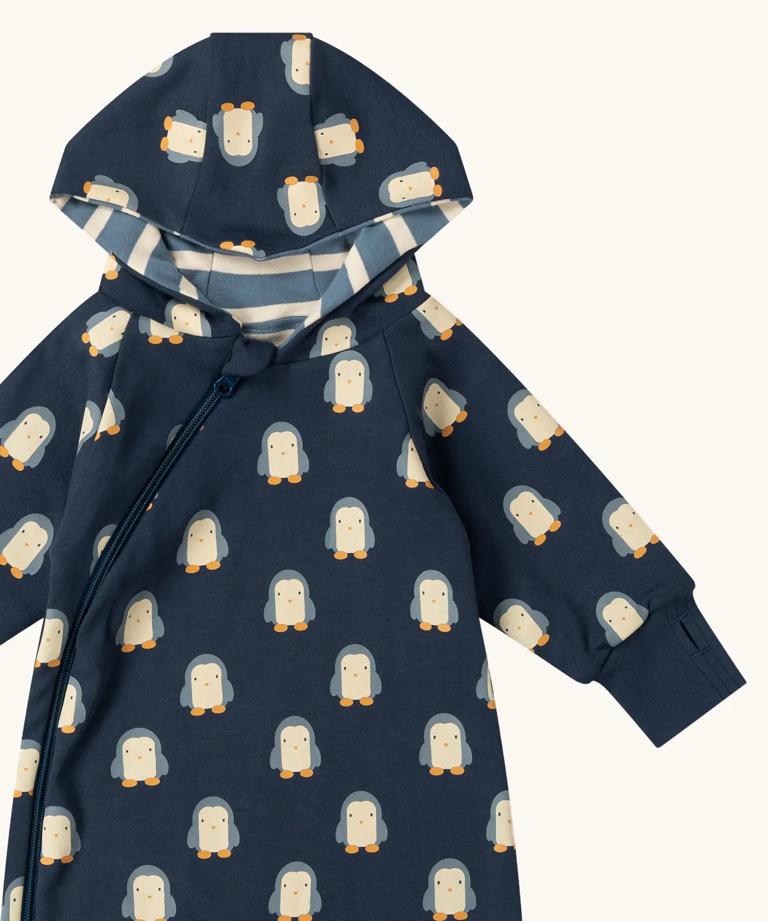 Close up of the  Little Green Radicals navy blue penguins hooded reversible snug suit showing the thumb holes on the wrist cuffs.